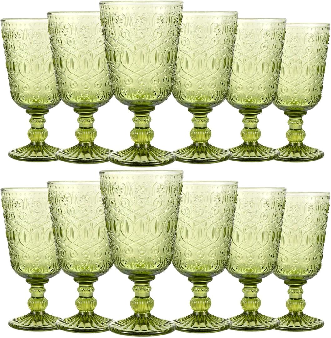 Eaasty Wine Glasses Set of 12 Vintage Goblet 9 oz Vintage Colored Glass Goblet Beverage Stemmed Glass Cups Romantic Embossed Glassware for Wedding Party Holidays Anniversary (Green)