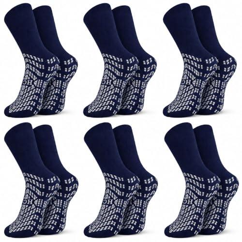 HCS Non-Slip Hospital Socks with Grips for Women & Men (6 Pairs) - 360 All-Around Tread Non-Slip Sock for Elderly/Seniors - Hospital Grip Socks, Fall Risk Patient Slippers (Navy, Regular)