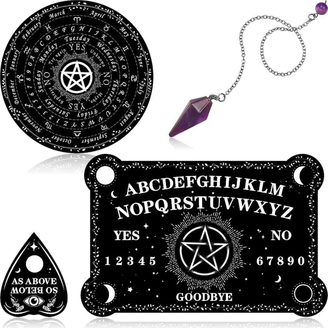 Threan Pendulum Dowsing Divination Board with Amethyst Set Wooden Spirit Talking Board Metaphysical Message Crystal Pendulum Necklace with Planchette for Wiccan Supply(Star Style)