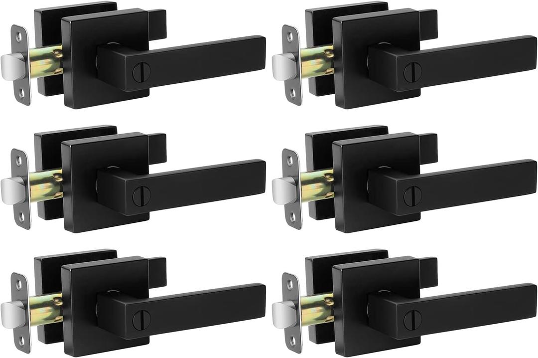 AIKKIL Matte Black Door Handle Interior Knob Keyless Levers Set (6 Pack), Heavy Duty Privacy Lock for Bedroom or Bathroom, Reversible for Left Right Sided Doors