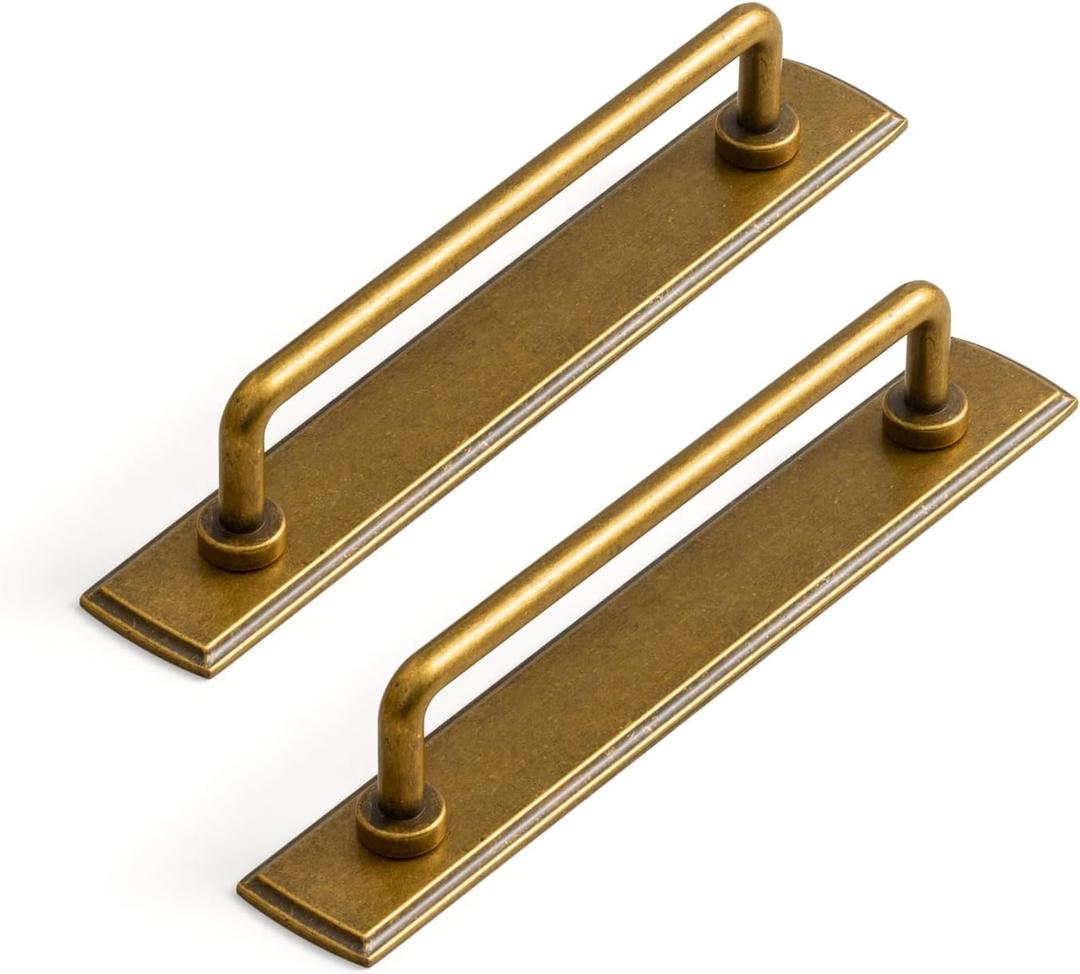 Set of 2, 5 Inches Center to Center SleekTouch Antique Brass Cabinet Pulls with Backplate - Vintage Handles for Kitchen Bathroom Drawers Zinc Alloy Made Hardware