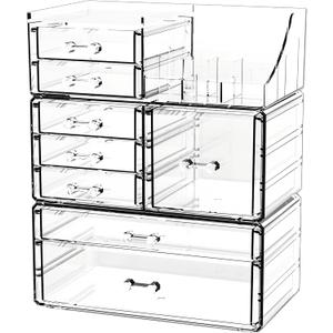 Acrylic Clear Makeup Organizer Countertop,Stackable Skincare Organizer for Vanity With 8 Drawers,Large Plastic Desk Accessories Organization,Bathroom Cosmetic Organizer Countertop for Beauty,Skin Care (8 Drawers-Set of 3)