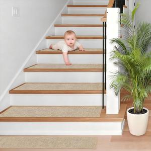Stair-Treads Non Slip, Stair Runner for Wooden Steps, Residue Free Stair Treads Stair Carpet Mat for Kids and Dogs Indoor 8"x30" (Beige, 7PCS)