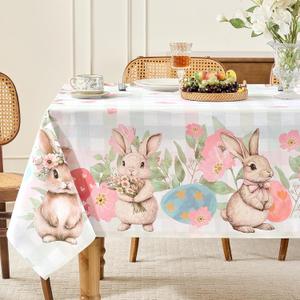 Romanstile Spring Easter Rectangle Tablecloth 60 x 84 Inch, Bunny & Eggs Buffalo Check Plaid Table Cloth Waterproof Fabric Table Cover for Dinner Picnic Indoor Outdoor, Gradient