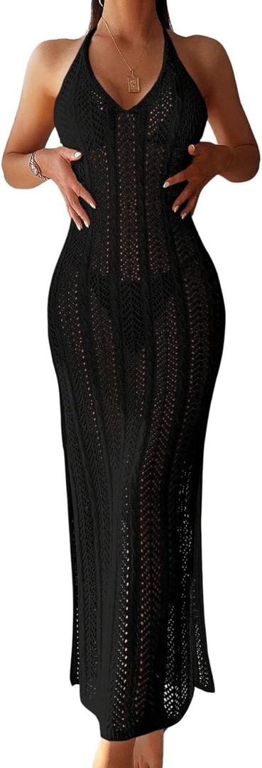 Verdusa Women's Halter Neck Tied Backless Crochet Knitted Bikini Cover Up Dress (Medium, Black)