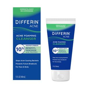 Differin Acne Face Wash with 10% Benzoyl Peroxide, Maximum Strength OTC Acne Foaming Cleanser, Fast Acting Acne Treatment for Face and Body, 5 oz.