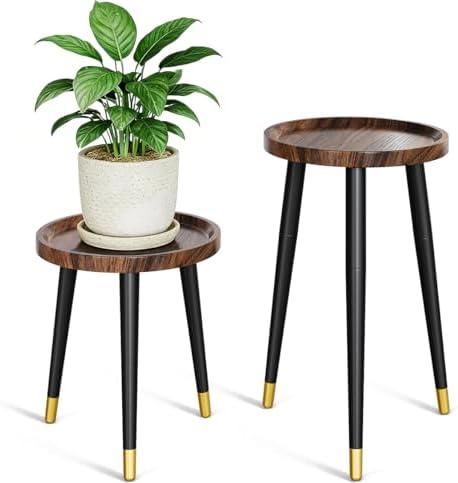 AZADESJET Plant Stand Indoor 1 Pack, Wood Mid Century Indoor Plant Stand, Tall Plant Stands for Flower Pot, Modern Plant Table, Small Side End Table With Raised Design, Walnut, 11.7"x13"