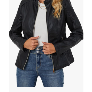 Faux Leather Jacket Women Motorcycle Zipper Bomber PU Bike Coat with Pockets Size M