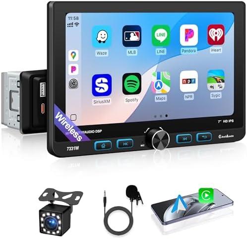 7 Inch Single Din Car Stereo Wireless Apple CarPlay & Android Auto, Detachable Rotatable HD Touchscreen Radio with Bluetooth 5.2, FM AM RDS, USB Type-C, MP5 Player, Backup Camera Input, 4×25W