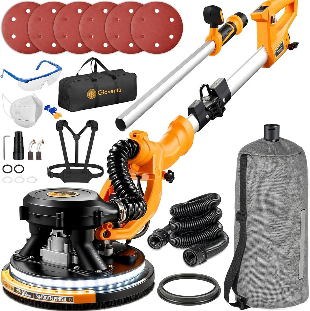 Electric Drywall Sander, 950W Drywall Power Sander with Vacuum Dust Collector, 9 Variable Speed 800-2100RPM, LED Light, Dustless Wall Sander for Drywall, Popcorn Ceiling, Corner etc (Orange)