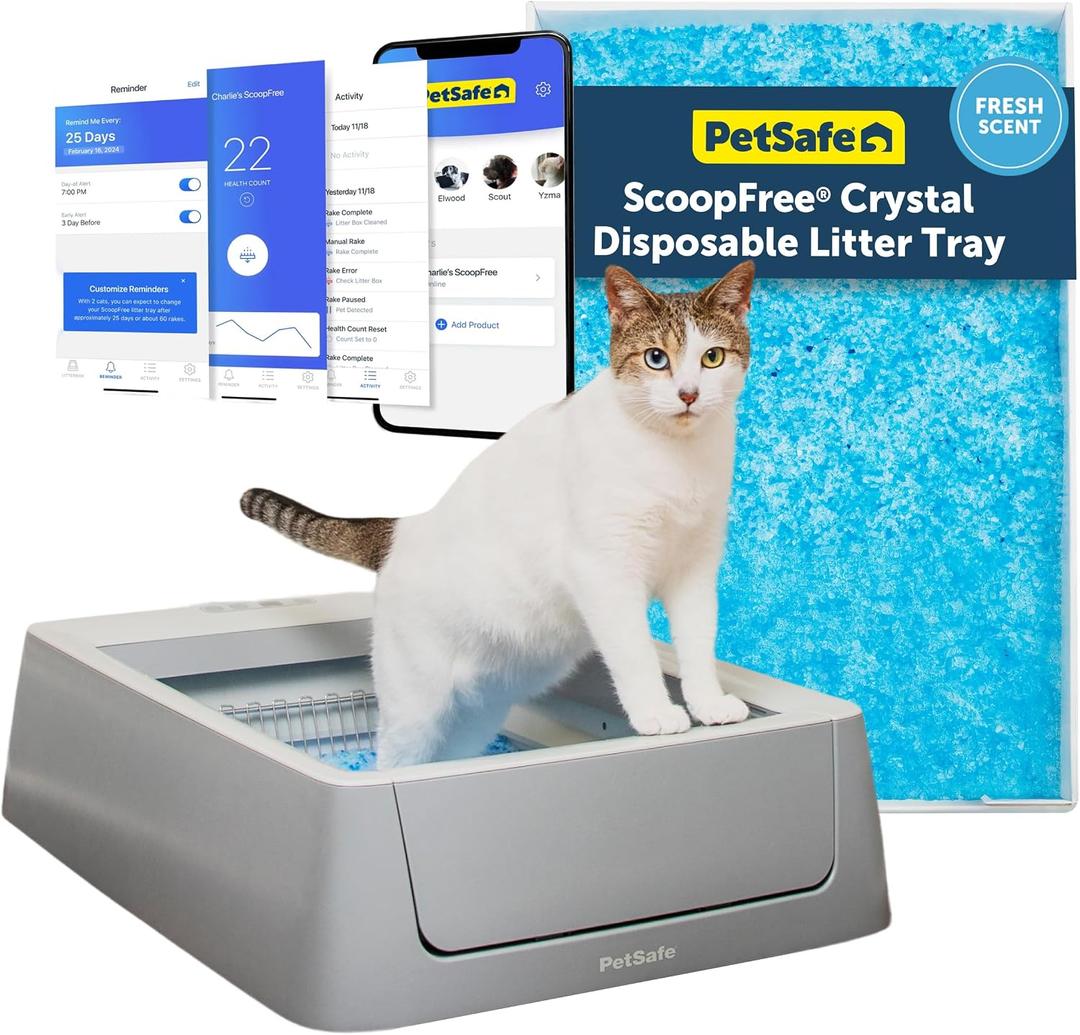 PetSafe ScoopFree Crystal Smart Self-Cleaning Cat Litter Box WiFi (2.4 GHz) & App Enabled Hands-Free Cleanup, Less Tracking, Superior Odor Control Includes Disposable Tray Gray (PAL00-16807)