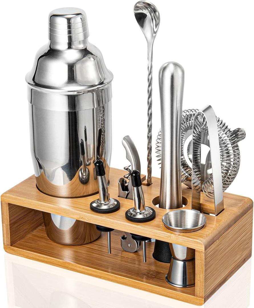 Cocktail Shaker Set, 18/8 Food-Grade Stainless Steel Mixology Bartender Kit 10-Piece Bar Tools with Stylish Bamboo Stand - Rust-Proof & Dishwasher Safe - Professional Martini Shaker Gift for Men, Dad