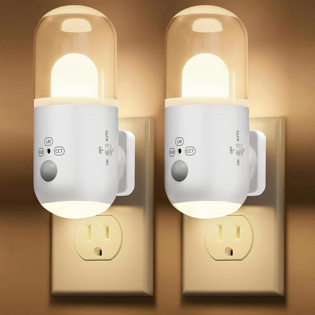 Night Light Plug into Wall with Motion Sensor & Dusk to Dawn Sensor, 3 Color Temperatures,RGB 8 Modes, 5-Level Dimming (20-240 LM) LED Night Light for Bedroom, Hallway, Stairs (White 2pcs)