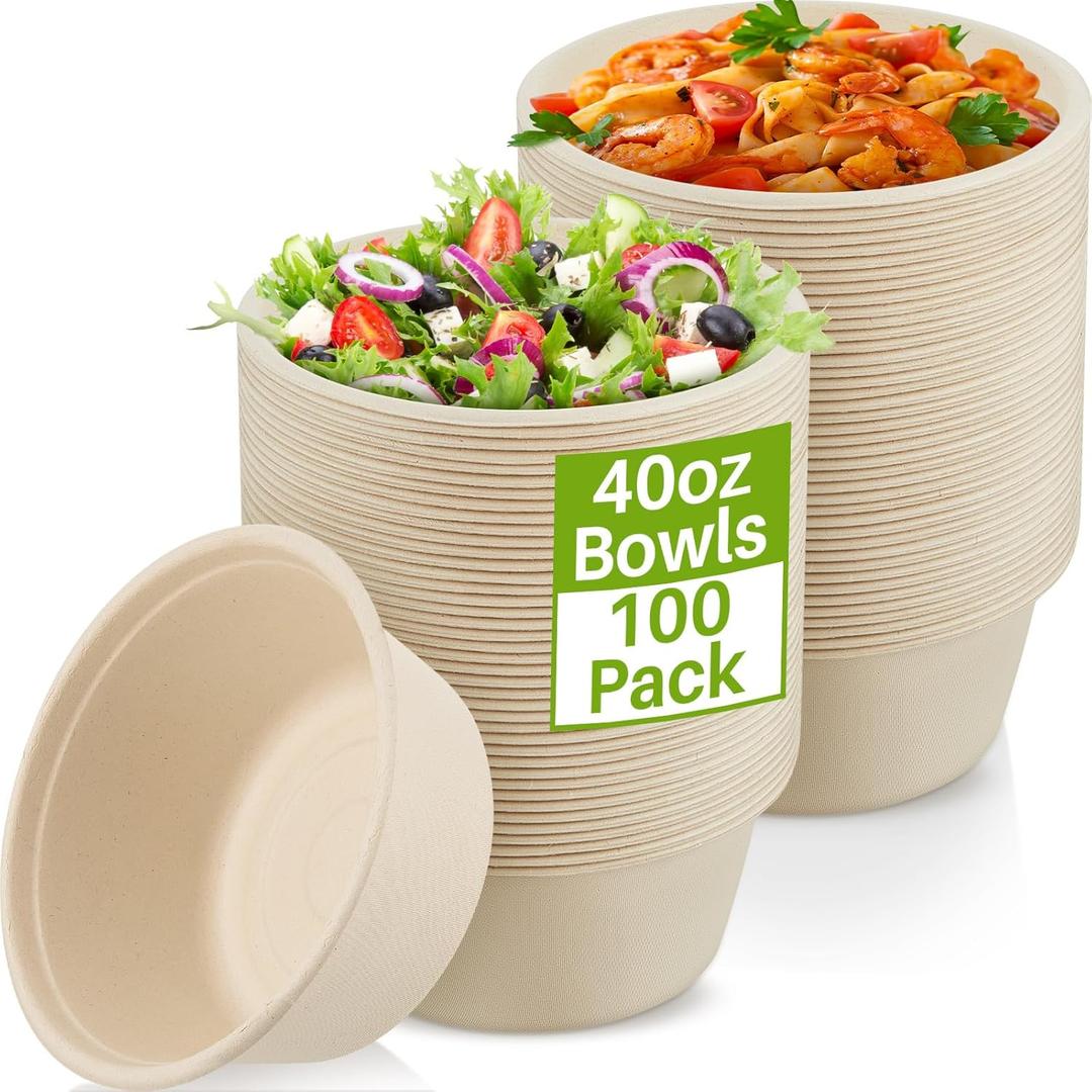Tessco for you 100 Pack Large Disposable Salad Bowls Deep Heavy Duty Paper Bowls Sugarcane Fiber Compostable Biodegradable Microwave Safe for Hot Cold Soup Ramen Popcorn Pasta(40 oz,Natural Color)