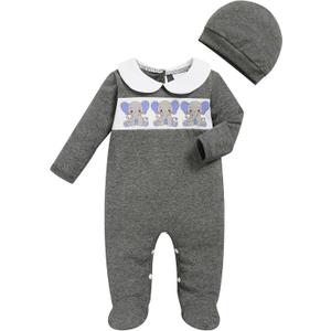 GRNSHTS Newborn Romper Coming Home Outfits Infant Girl Boy Cute Print Long Sleeve Bodysuit with Mitten, Matching Hat Jumpsuit (Gray, XS)