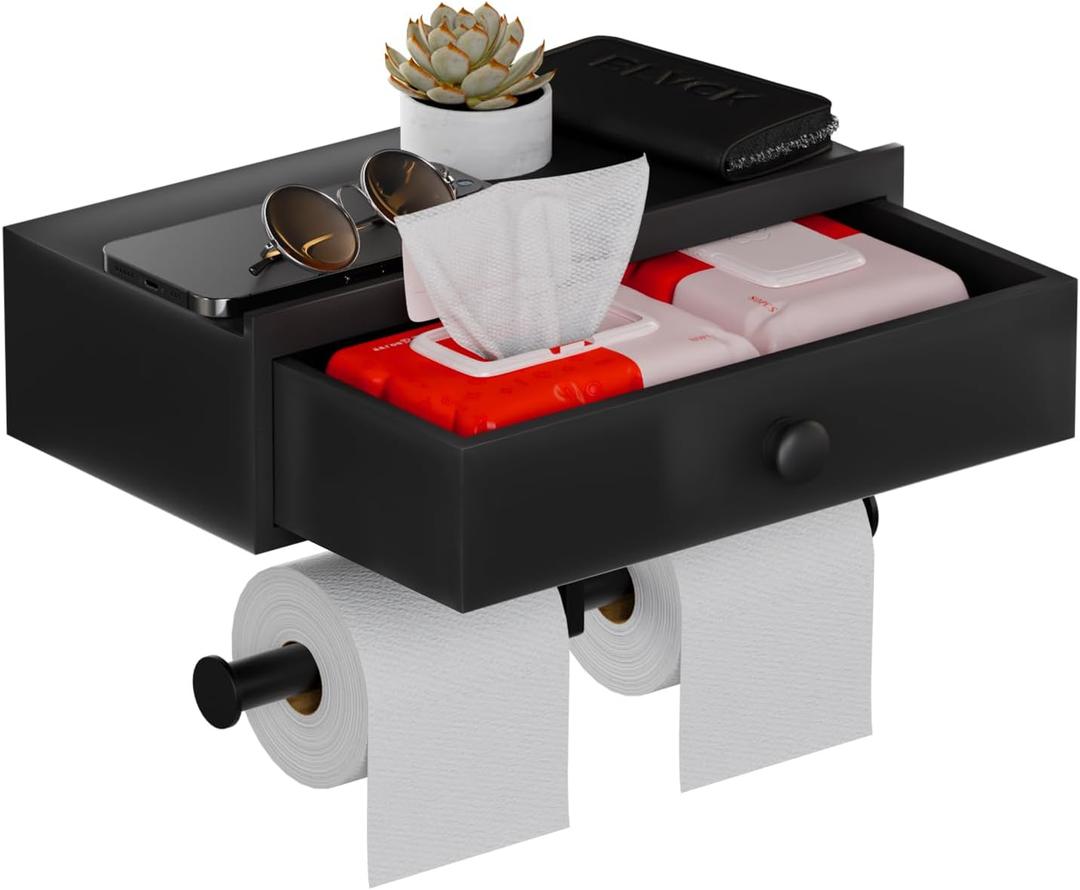 Double Toilet Paper Holder with Shelf,Wall Mount/Adhesive Matte Black Toilet Paper Holder,Wipes Dispenser for Bathroom,Wood Toilet Roll Holder with Storage Drawer (Large)