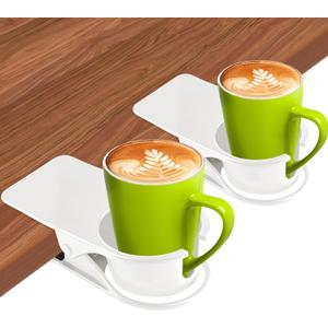 Kalolary 2PCS New Drinking Cup Holder Clip with Groove Table Bottle Cup Stand DIY Glass Cup Clamp Storage Saucer Clip Water Coffee Mug Holder Saucer Clip for Home Desk, White