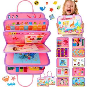 Toddler Busy Board, Montessori Toys for 1 2 3 Year Old Girl Birthday Gifts - Educational Busy Book, Kids Sensory Toy, Preschool Learning Activities and Travel Toys for Toddlers 1-3 2-4 (Mermaid - Pink)