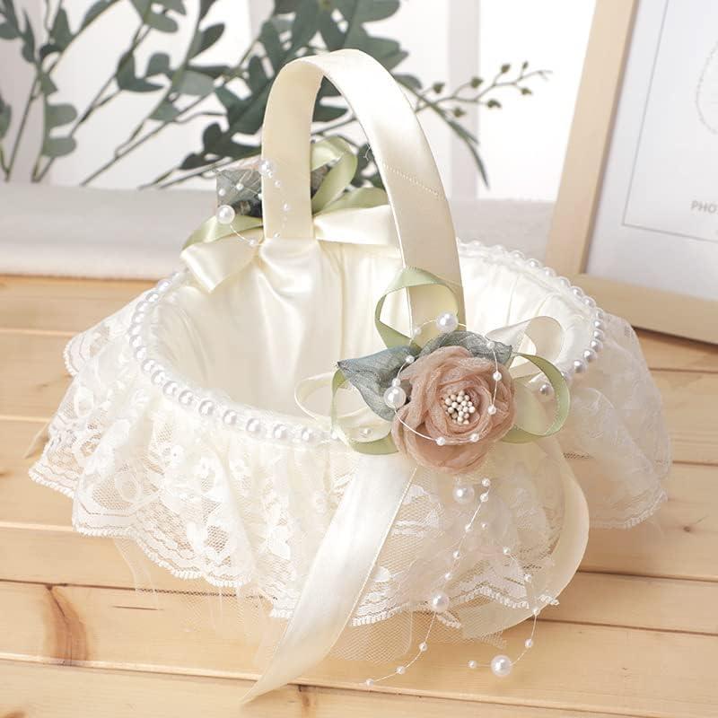 Ivory Wedding Flower Girl Basket Decorated with Lace Pearl Romantic Wedding Flower Girl Petals Storage Basket Elegant Flower Girl Baskets for Weddings