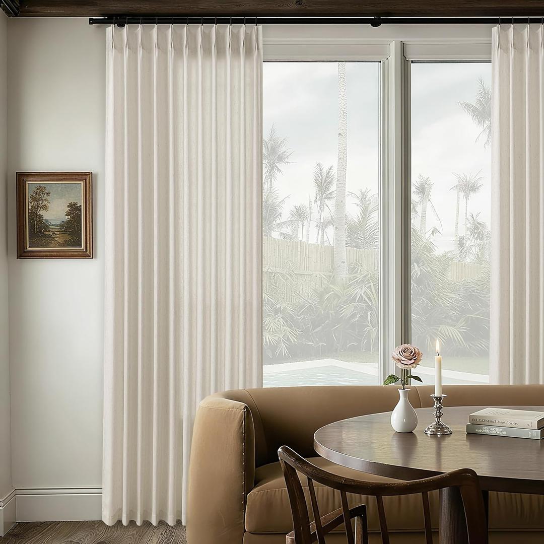 72 x 96 Inch Pinch Pleated Linen Curtains for Living Room Pleated Drapes with Hooks Rings Back Tab Greyish Beige Semi Sheer Curtains 96 Inch Length for Sliding Door Dining Bedroom Window 8Ft 72x96 (Oatmeal)