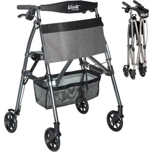 Stander Wonder Rollator Plus, Lightweight Folding Mobility Rolling-Walker, EZ Fold-N-Go-Rollator for Seniors and Adults, 6-inch Wheels, Locking Brakes and Padded Seat with Backrest, Black Walnut