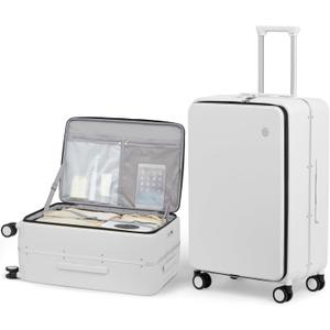 mixi 24 Inch Checked Luggage PC Hard Shell Suitcase Top Opening Aluminum Frame Travel Suitcases with Wheels, Smoke White
