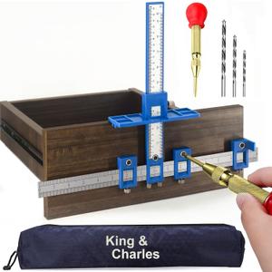 Cabinet Hardware Jig, King&Charles Cabinet Handle Jig + Automatic Hole Punch + Point Drill Bits, Use for Handles Knobs Pulls on Drawers/Doors, Wood Drilling Dowelling Guide Set.
