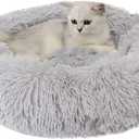Large Cat Beds for Indoor Cats - Dog Bed Washable 24 inches for Small Medium Dogs, Anti Anxiety Round Fluffy Plush Faux Fur Cat Bed, (Large 24" L x 24" W) (Light Grey)