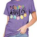 Happy Easter Shirts for Women Easter Bunny T-Shirt Rabbit Graphic Tees Easter Egg Holiday Shirt Tops (Purple, L)
