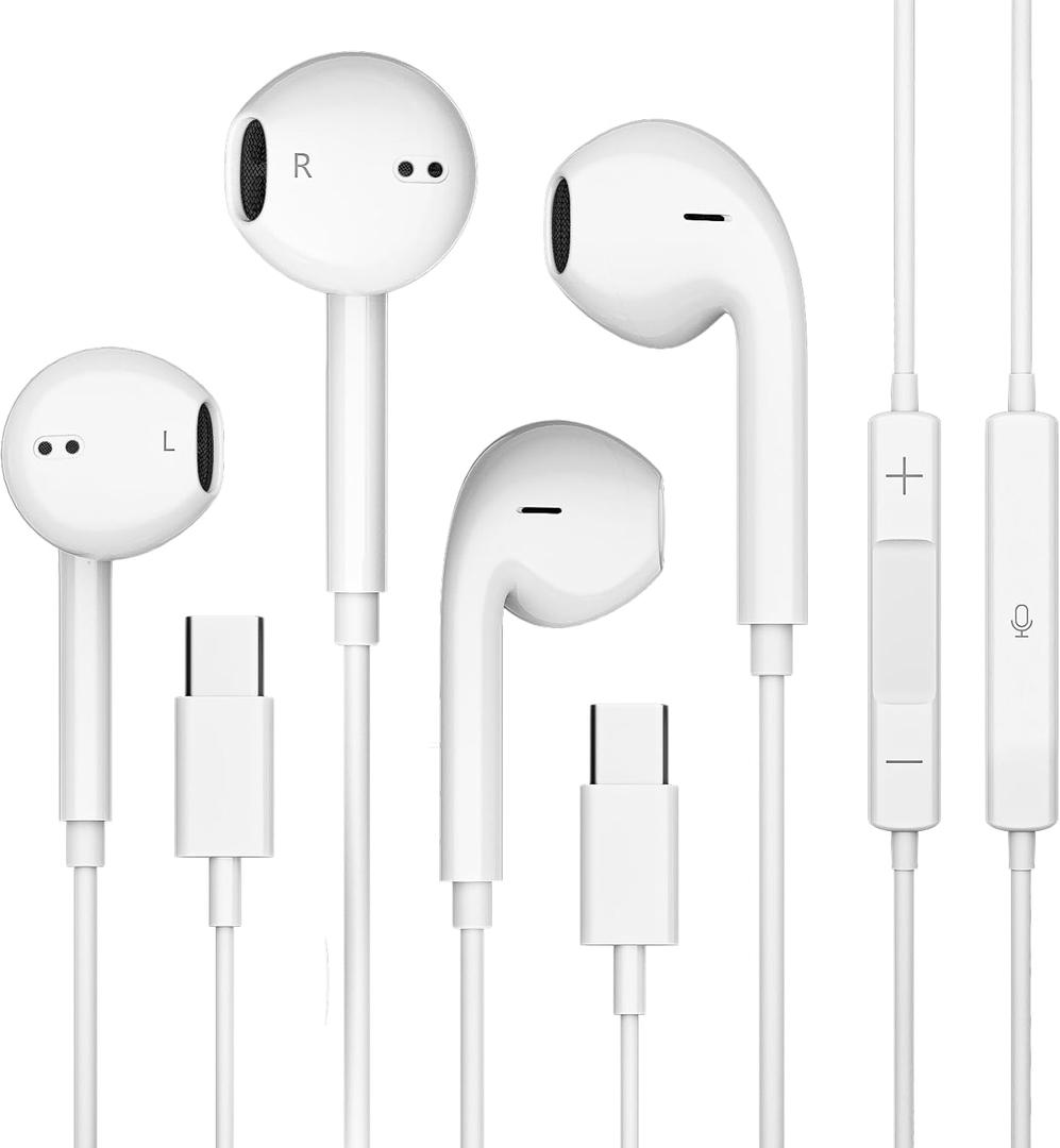 2 Pack USB C Headphones Wired for iPhone 17/16/15 Series, for iPad Pro Air 5/4/Mini 6/iPad 10th, Type C Earbuds for MacBook Pro/air, Control Microphone, Volume, Music (White)