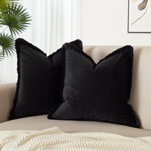 JUSPURBET Black Velvet Throw Pillow Covers 22x22 Inch Set of 2 with Soft Tassel Fringe Luxury Boho Pillowcase for Sofa Couch Bed Home Decor Machine Washable