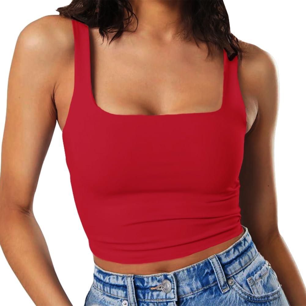 Artfish Women's Sleeveless Strappy Tank Square Neck Double Layer Workout Fitness Casual Basic Crop Tops (Large, Red)