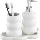 3-Piece White Ceramic Bathroom Accessories Set with Tray, Lotion Dispenser, and Tumbler for a Luxurious Bath Experience