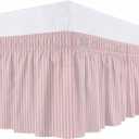 Bed Skirt Pink Stripes Bedskirt 16 Inch Drop Linen Classic Vertical Striped Elastic Wrap Around Bed Skirts Dust Ruffle for Queen Size Bed