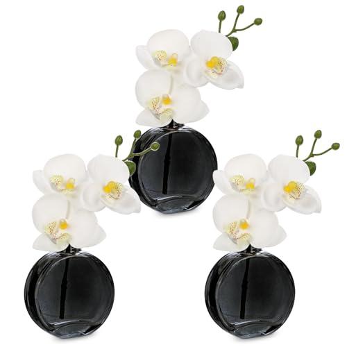 Oairse White Orchids Artificial Flowers Faux Orchids Arrangement in Black Glass Vases Set of 3 Real Touch Phalaenopsis Orchid Flowers Small Fake Orchid Centerpiece for Dining Room Table
