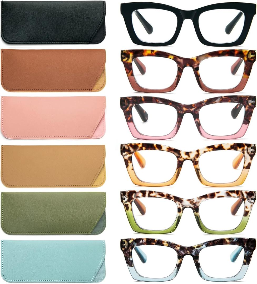 REAVEE 6 Pack Reading Glasses for Women Blue Light Blocking Cute Square Computer Readers with Spring Hinge 3.0