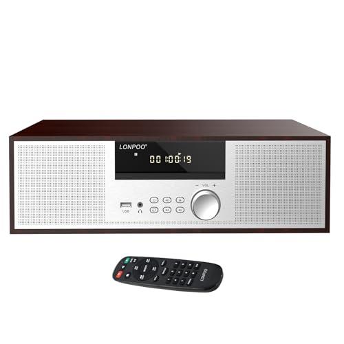 LONPOO Stereo Shelf System for Home, Vintage CD Player 40W RMS Micro Mini System with Remote Control, Bluetooth, FM Radio, USB MP3 Playback & Aux-in,Silver