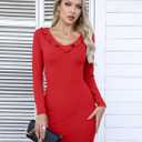Valiamcep Women's Mini Dress V Neck Ruffle Long Sleeve Ribbed Slim Fitted Bodycon Pencil Dresses (Red, S)