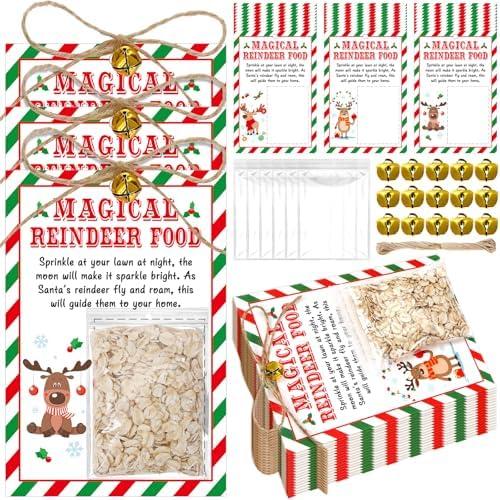 Tenceur 144 Pcs Magical Reindeer Food Treat Bag with Reindeer Food Labels Bells Christmas Plastic Goodie Bags Christmas Party Favor Supplies for Xmas Holiday Candy Cookie Snack Gift Wrapping