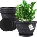 4 Pack 10 Inch Plant Pot for Outdoor Indoor, Plastic Flower Pots with Drainage Hole & Saucer, Lightweight Small Resin Flower Pot, Imitation Magnolia Pots for Garden House PlantersGray