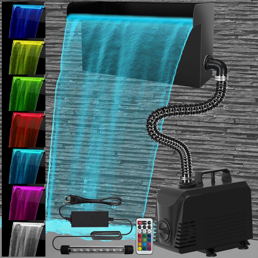 AquaMiracle All-in-1 Pond Waterfall Kit with LED Lights, 12" Stainless Steel Spillway with 660GPH Water Pump, Lighted Waterfall Fountain Outdoor for Water Garden, Backyard, Pool