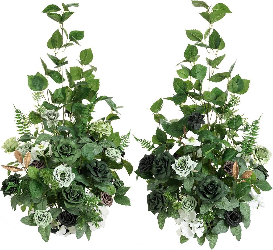 Ling's Moment 41.0" Tall Free-Standing Wedding Aisle Artificial Flowers for Ceremony Decor, 2PCS Emerald & Gold Walkway Fake Floral, Spring Faux Rose Altar Arch Arrangement Decorations Outdoor