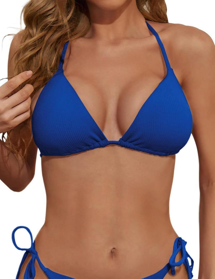 Women's Triangle Bikini Top Ribbed Push up Padded Halter String Bathing Suits Top (Large, Royal Blue)