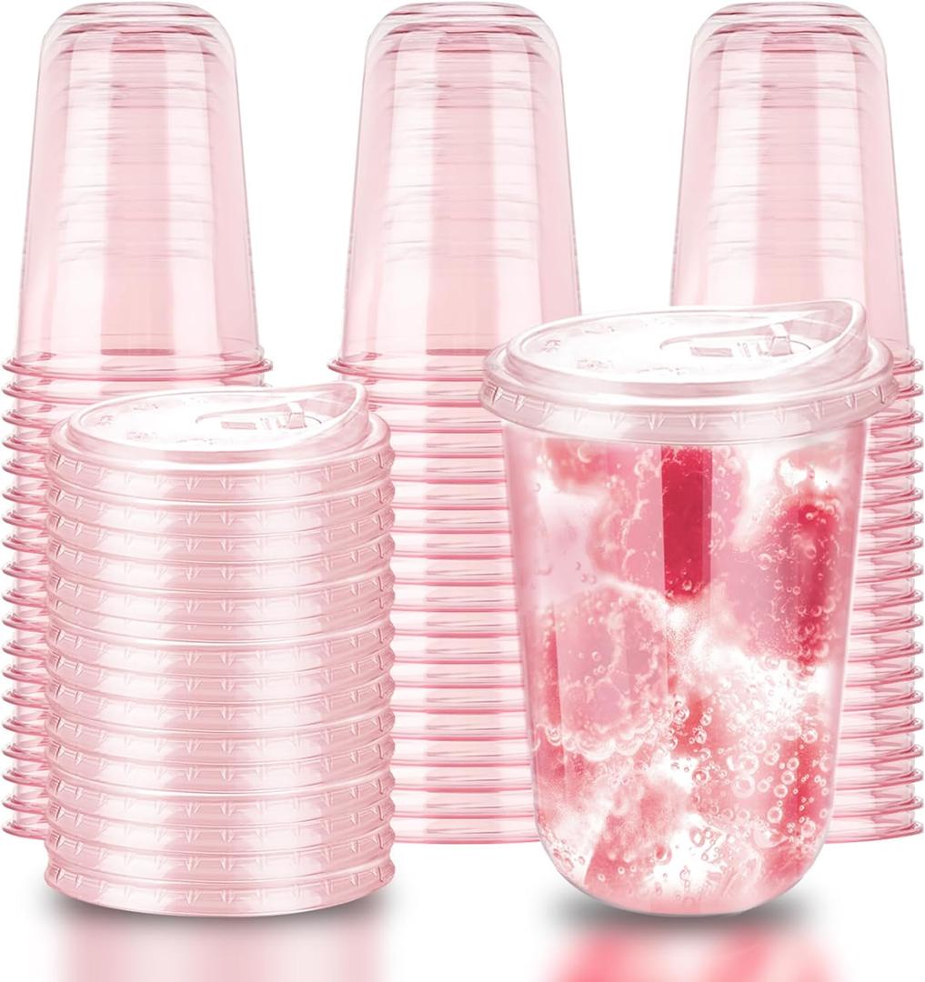 16oz Disposable Stemless Glasses With Strawless Sip Lids,PET Disposable Drinking Cups,Clear Plastic Wine Glasses for Parties Birthday,Wedding,Meeting,Christmas Party Supplies (50, Pink)