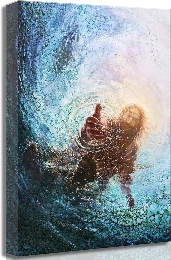 Jesus Christian Canvas Wall Art Hand of God Reaching Into Water Picture Bible Christ Religion Painting Wall Decor Poster Print for Living Room Bathroom Bedroom Church Home Decoration