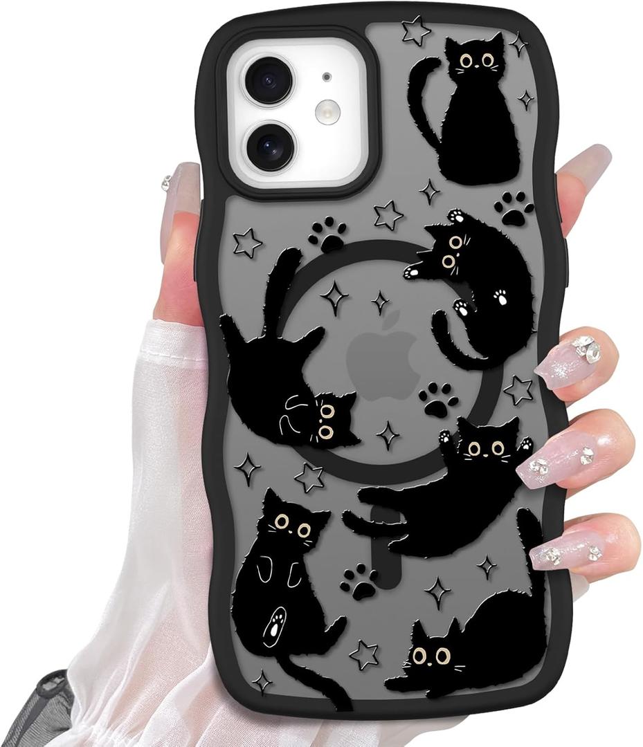 Cute Case for iPhone 12 Case [Compatible with MagSafe] with Kawaii Black Cats Cat Print Pattern Design for Women Girls, Soft Wavy Edge Anti-Slip Animal Magnetic Protective Phone Cover