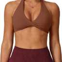 Halter Sports Bras for Women Padded Open Back V Neck Yoga Bra Workout Crop Tank Top Sexy Gym Bra Low Impact (Large, Brown)