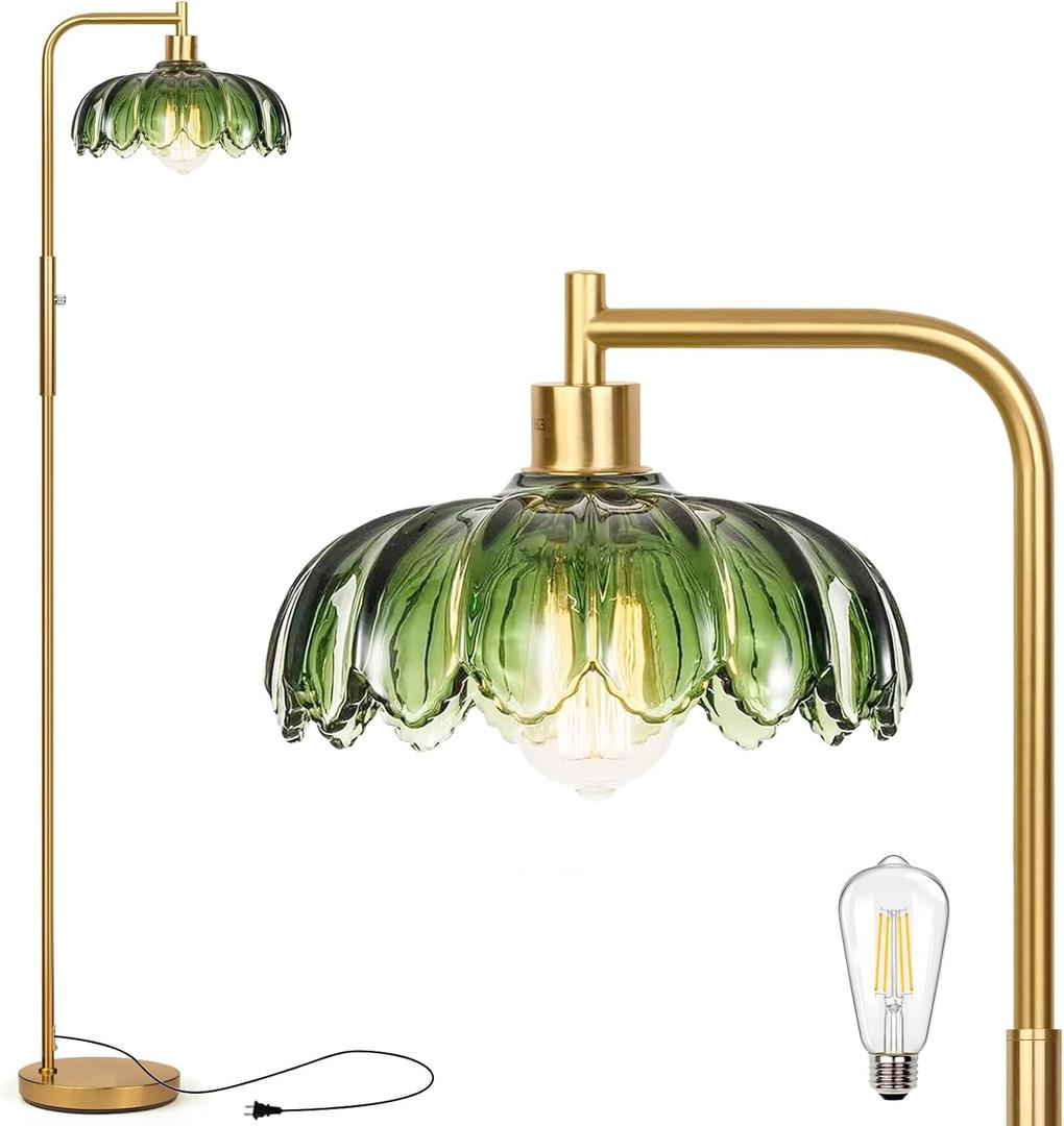 Glass Floor Lamp for Living Room, Dimmer Standing Lamp with Green Lampshade,66 Tall Lamp & Gold Floor Lamp for Bedroom Study Room,Brushed Gold LED Bulb Included (Flower Green Glass Shade)