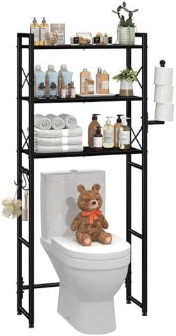 Simple Trending Over The Toilet Storage Rack with Toilet Paper Holder, Heavy Duty Metal 3 Tier Bathroom Organizer Shelf with 3 Hooks,Black