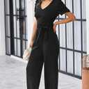 BLENCOT Womens Jumpsuit Short Sleeve Casual v Neck Belted Wide Leg Formal Rompers Jumpsuits, Black, Large
